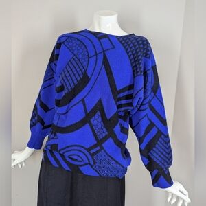 Vintage 1980s Simons Abstract Wool Sweater | Blue Black Graphic Art Knit | Made